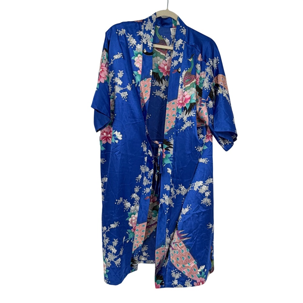 Women's 100% Silk Robe L Blue Peacock Floral Kimono Sleeve Long Dressing Gown
